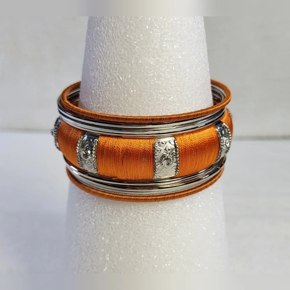 Orange and Silver Tone Bangle Bracelets - Set of 9 - Picture 1 of 4